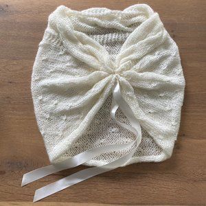 Knit Shawl Wrap with Ribbon - Ivory
